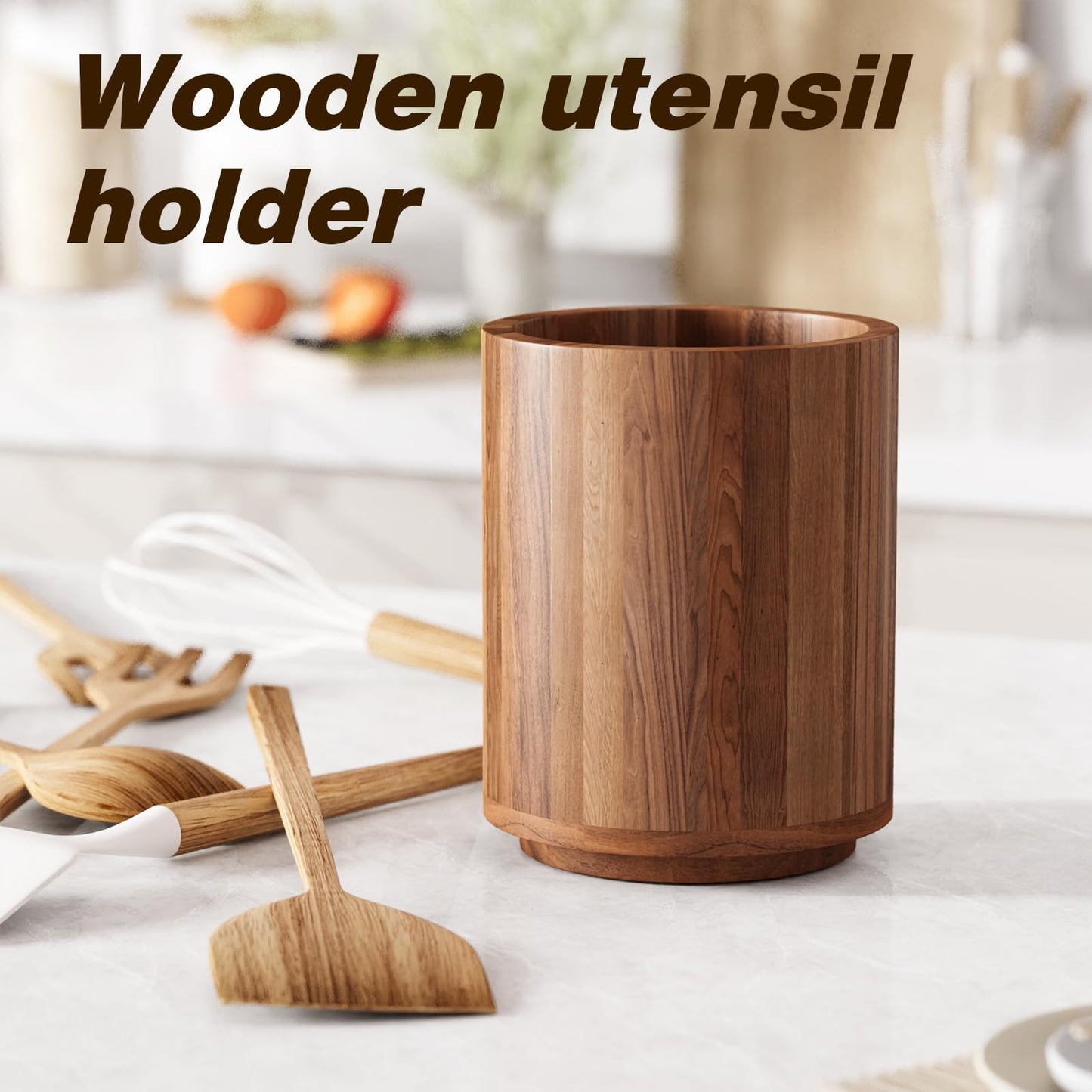 WDT Tool 7.2" Utensil Holder for Kitchen Counter Large Round Utensils Holder with Wooden Base Matte Black Cooking Utensil Holder，Kitchen Countertop Utensil Organizer (Rotating+Wooden)