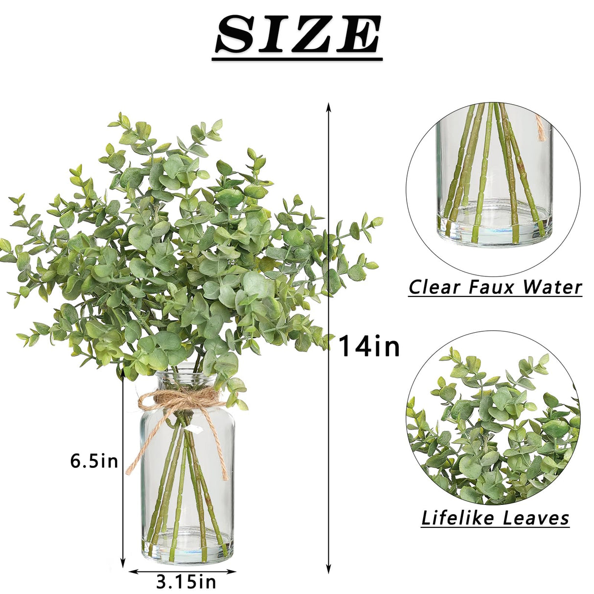 Zheart Fake Eucalyptus Stems in Glass Vase with Faux Water,14" Artificial Plants Eucalyptus Leaves for Shelf Desk Bathroom Farmhouse Room Coffee Table Home Decor (Sage Green) Zheart