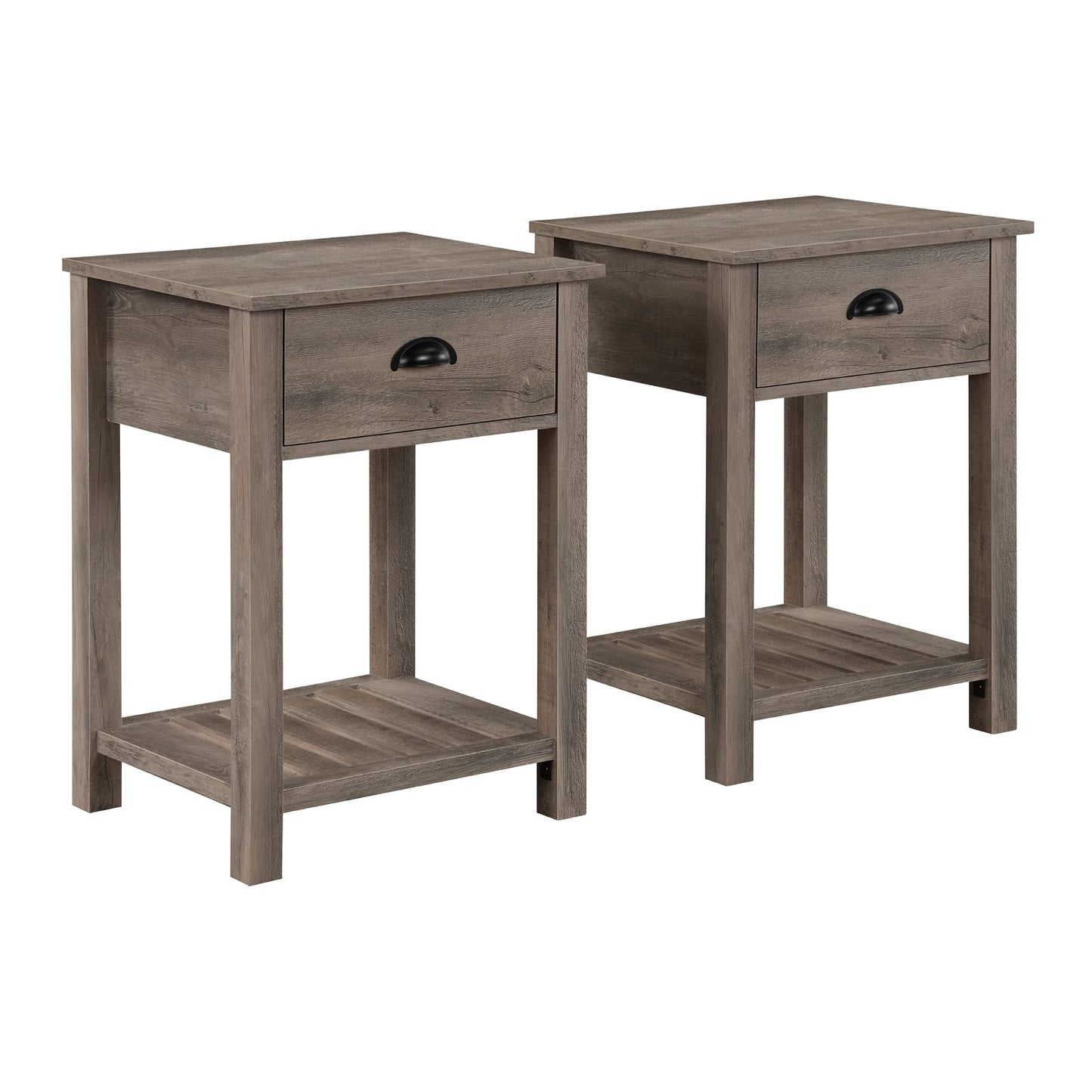 Walker Edison Lavinia 2-Piece Country 1-Drawer Slat Shelf Side Table Set, 2 Pack, Grey Wash - WoodArtSupply