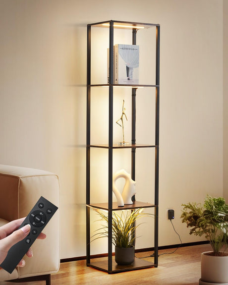 Weaboopre Display Shelf with Lights, 3 Color Temperature & Brightness Curio Collectible Floor Lamp with Shelves, Sturdy Metal Display Cabinet for Living Room, Bedroom, Office Decor Rustic Brown Weaboopre