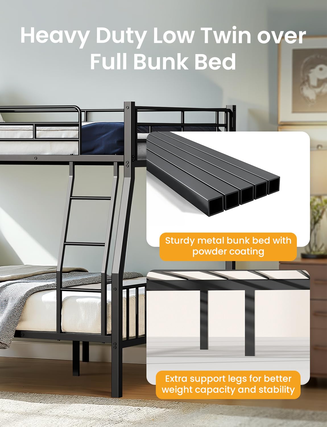 Miscoos Full XL Over Queen Bunk Beds for Adults, Heavy-Duty Metal Bunk Bed Frame with Non-Slip Ladder and Safety Full-Length Guardrails for Kids Teens Adults, Space-Saving, Black