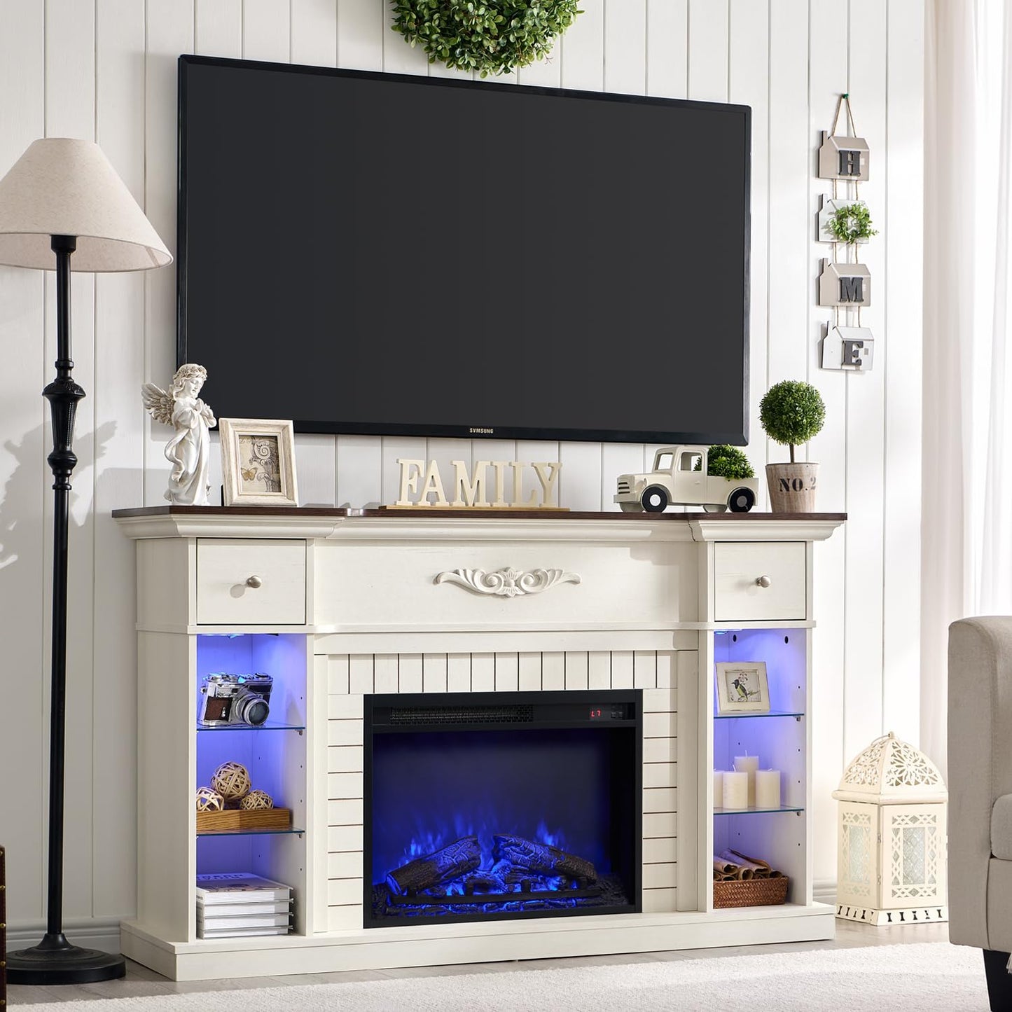 IFBUY 54" Farmhouse Electric Fireplace with Mantel, 33" Tall LED Fireplace TV Stand w/7 Lighting Colors, 23'' Freestanding Electric Fireplace Heater, Open Adjustable Shelves & Drawers, White