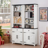 Joaxswe 72in Tall Bookshelf 7 Tier Bookcase with Drawer and Barn Doors and Adjustable Shelves, White Farmhouse Book Shelf with Storage Cabinet, Wood Freestanding Display Bookshelves for Living Room Joaxswe