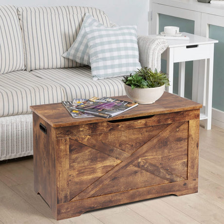 Timberer Storage Chest, Wooden Storage Bench, Entryway Shoes Bench with 2 Safety Hinges, Retro Storage Trunk for Living Room, Bedroom, 15.7 x 31.5 x 18.9 Inches, Rustic Brown Timberer