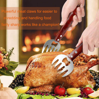 AIYUE Meat Shredding Claws Stainless Steel Pulled Pork Shredder Meat Claws for BBQ Shredding Pulling Handing Lifting & Serving Pork Turkey Chicken with Long Wood Handle (2 PCS,BPA Free)