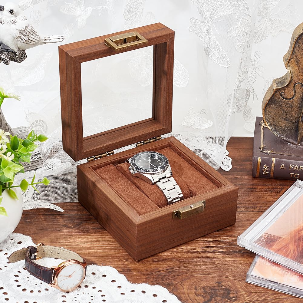 AHANDMAKER Single Watch Display Stand with Clear Glass Window Wood Watch Gift Box Watch Holder Jewelry Collection Jewelry Holder, Coconut Brown AHANDMAKER