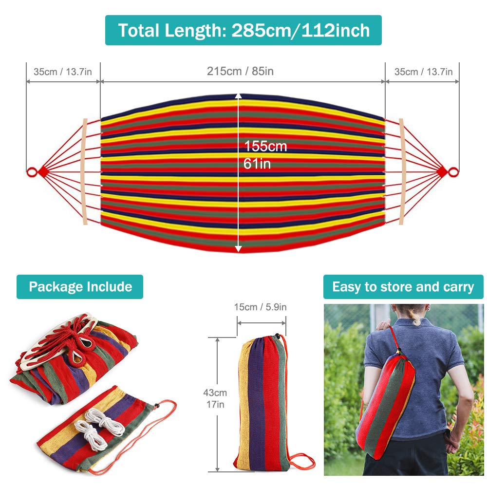 Outerman 275 x 155 cm Camping Hammock, Hammocks Thickened Canvas Fabric with 550lb Load Capacity, Two Anti Roll Balance Beam and Sturdy Metal Knot Tree Straps for Travel, Beach, Backyard etc. Outerman