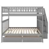 Full Over Full Bunk Beds with Drawers and Stairs Stairway Bunk Bed Frame with Storage Shelves for Kids Teens Adult, Wood Full Bunk Bed for Boys Girls Adults, Gray Bellemave