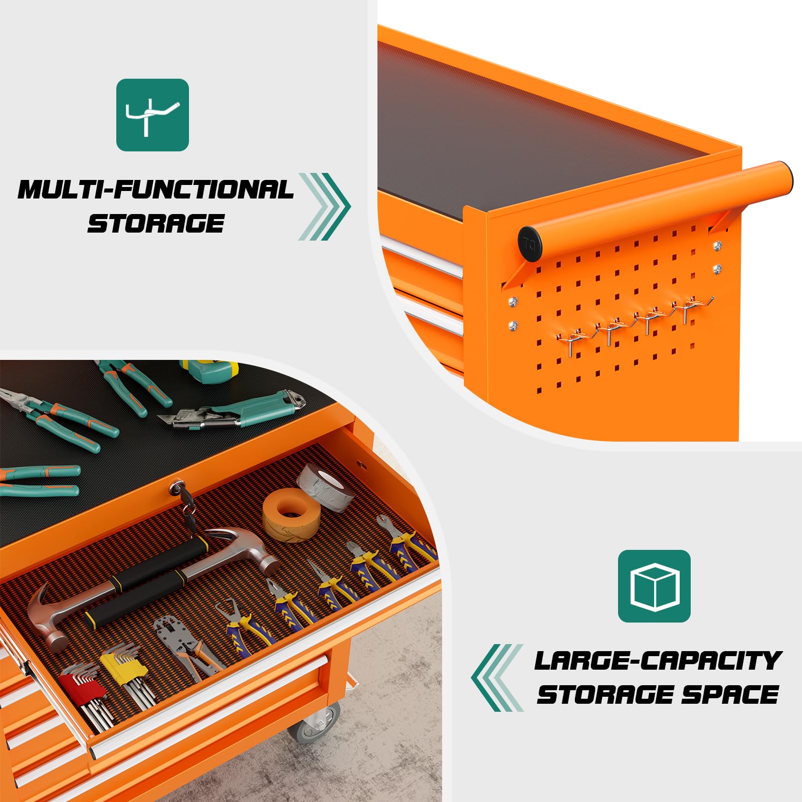 DUSACOM 7-Drawer Rolling Tool Chest Toolbox, Rolling Tool Box with Wheels, Tool Chest with Keyed Locking System and Drawer Liners, Tool Box Organizer for Garage, Warehouse, Workshop(Orange) - WoodArtSupply