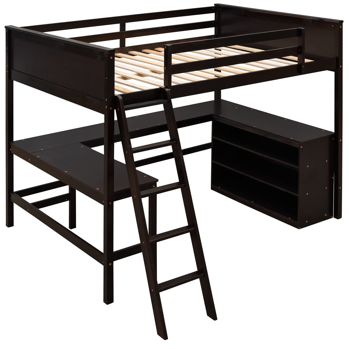 Espresso Wooden Full Size Loft Bed with Integrated Desk and Storage by Harper & Bright Designs - WoodArtSupply