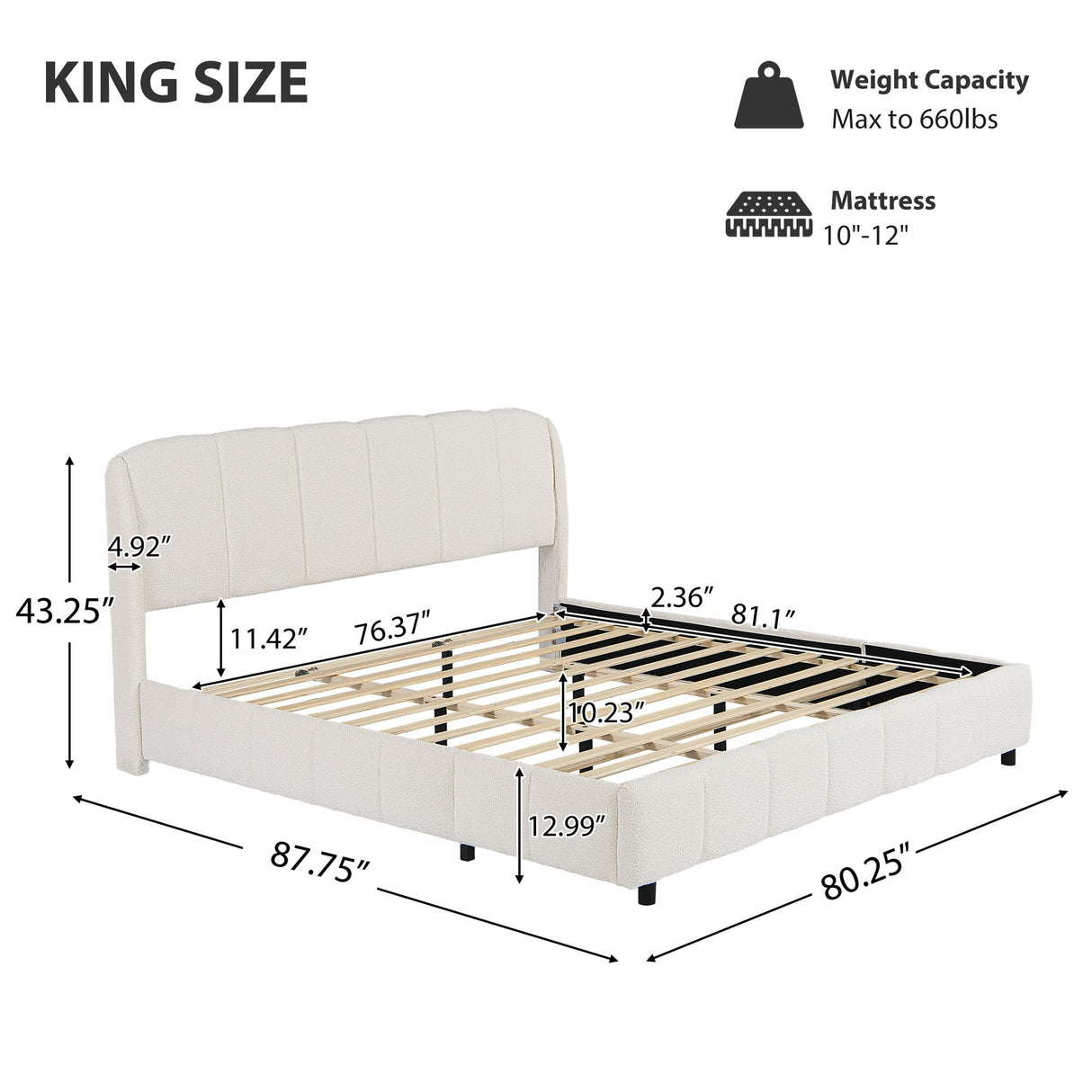 RuiSiSi King Size Upholstered Bed with Curve-Shaped Design Headboard, Boucle Fabric Platform Bed with Sturdy Legs, Modern Bed Frame for Bedroom, No Box Spring Needed, Beige RuiSiSi