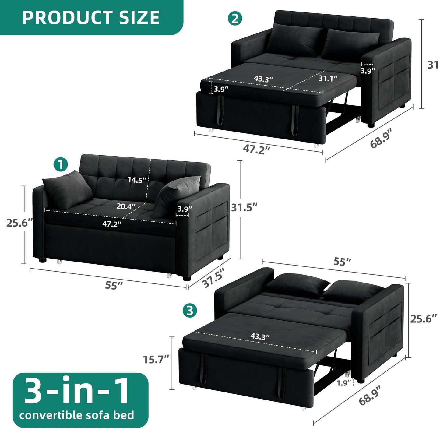 YITAHOME 55" Convertible Sofa Bed, 3-in-1 Sleeper Sofa with Pull-Out Bed, Velvet Futon Couch with Reclining Backrest and Side Pocket, Modern Loveseat for Living Room, Black, Full Size - WoodArtSupply