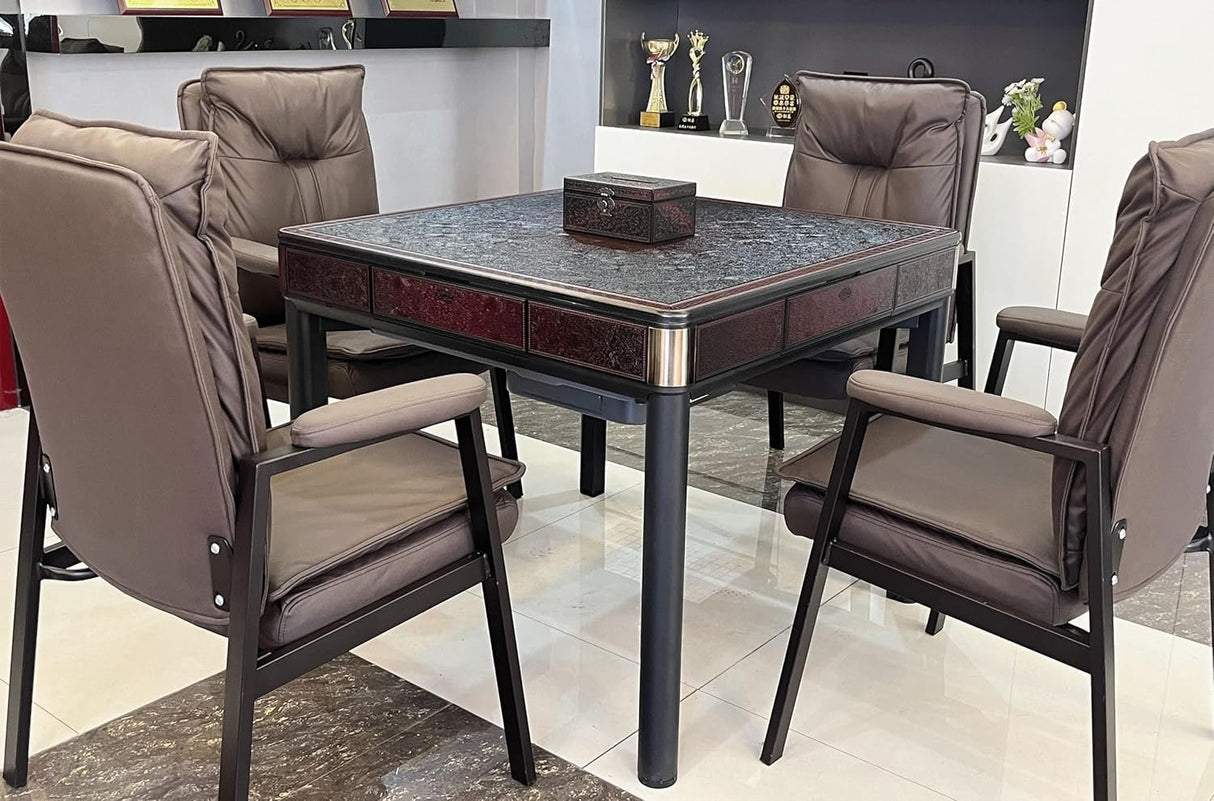 USA MJ Vintage-Style Automatic Mahjong Table with Carved Wooden Table Top Design, Burgundy Numbered Tiles, Roller Coaster Chinese/Filipino/American Style, 40mm Tiles USA MJ TABLE .COM