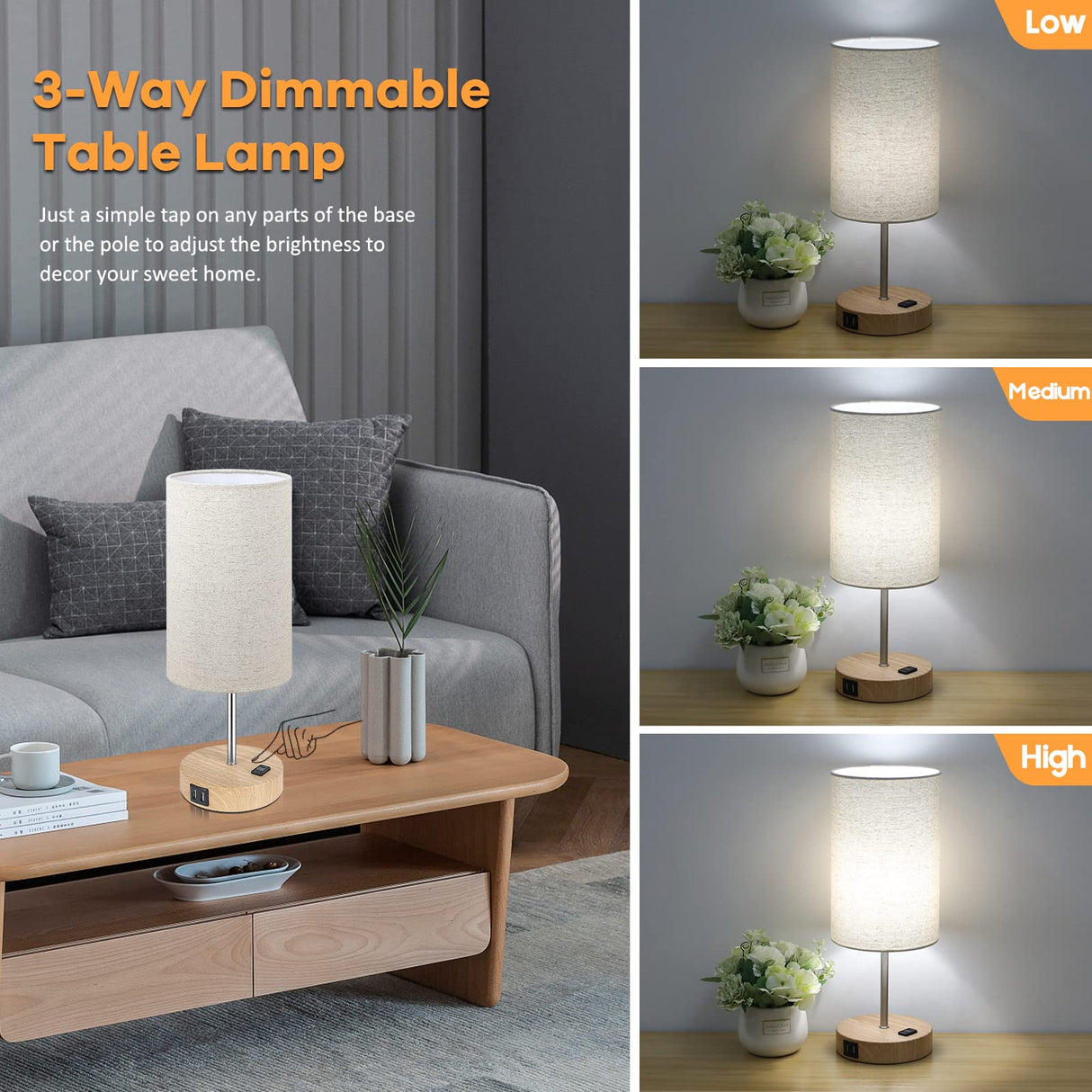 Bedside Table Lamps with 2 USB Charging Ports & AC Outlet, Set of 2 Touch Control Wooden Base Nightstand 3-Way Dimmable Lamps with Beige Fabric Shade for Bedroom, Living Room, A19 E26 Bulbs Included Brightever