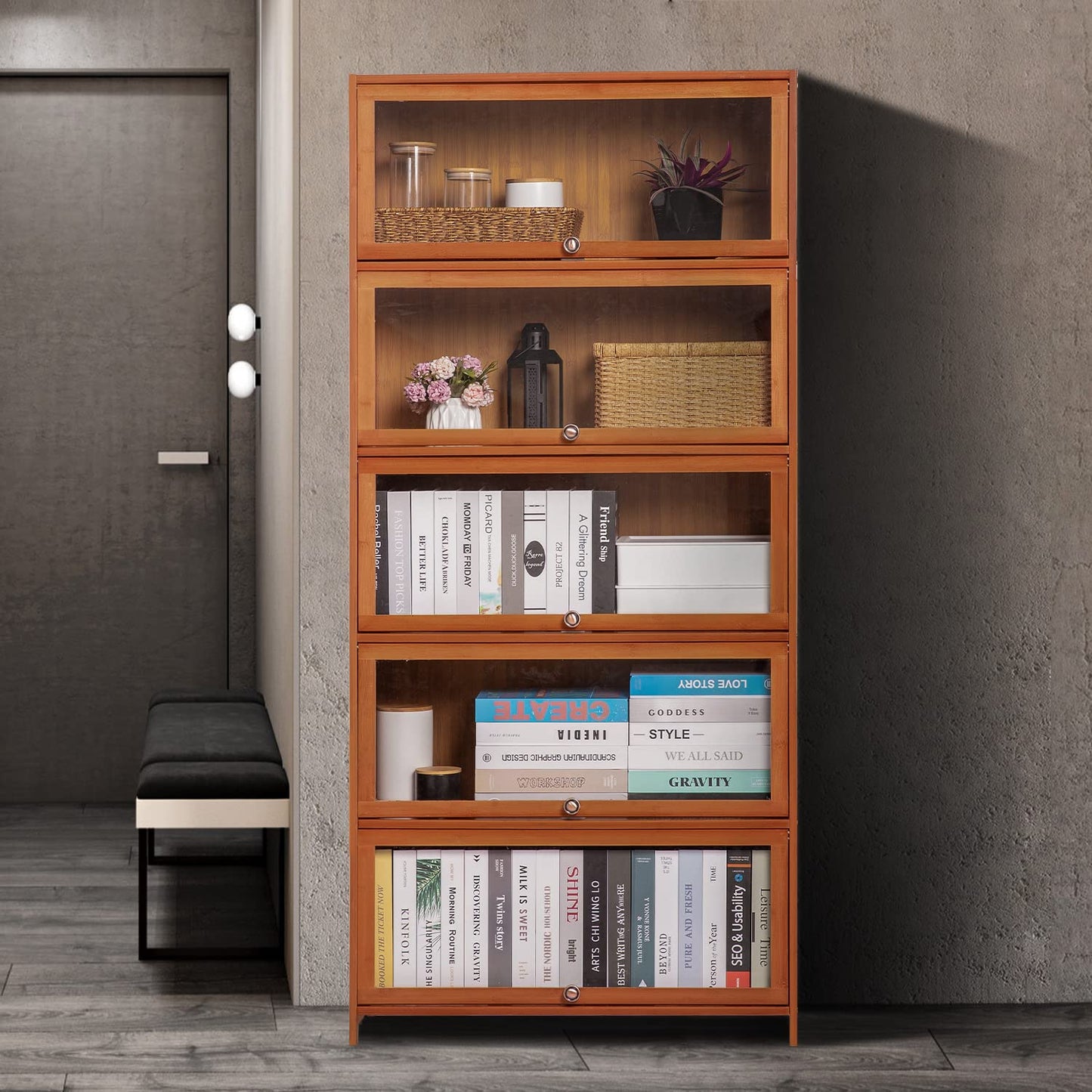 MoNiBloom Bamboo Bookcase with Acrylic Doors 5 Tier Free Standing Book Shelf Storage Organizer for Living Room Office Bedroom, Brown - WoodArtSupply