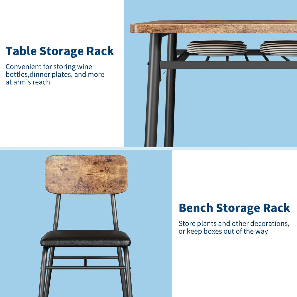 GarveeHome Dining Table Set for 4 with Storage Rack, 5-Piece Kitchen Table and Upholstered Chairs of 4, Wood Tabletop & Heavy-Duty Metel Frame, Dining Room Set for Small Space, Apartment, Brown GarveeHome