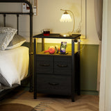 Furnulem Black Nightstand with Wood Shelf, Bedside Table with Led Light and Charging Station, 25.8 Inch End Table with 3 Fabric Storage Drawers, Small Side Table Night Stand for Bedroom Furniture Furnulem