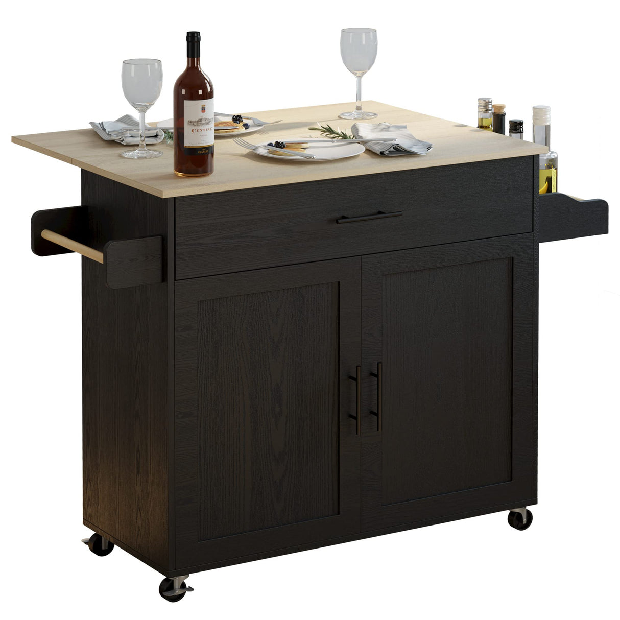 Rolling Black Kitchen Island Cart with Drop Leaf, Storage Cabinet & Spice Rack by IRONCK IRONCK