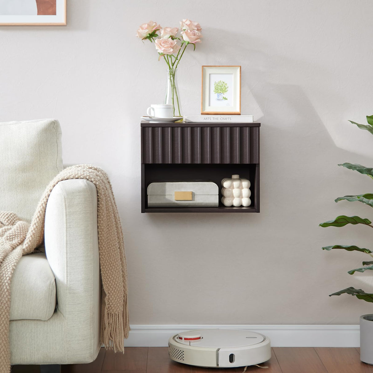 BuildHom Floating Nightstand with Fluted Drawer - Modern Wall Mounted Bedside Table with Open Storage Shelf, Small Night Stand TV Stand for Bedroom(Espresso) BuildHom