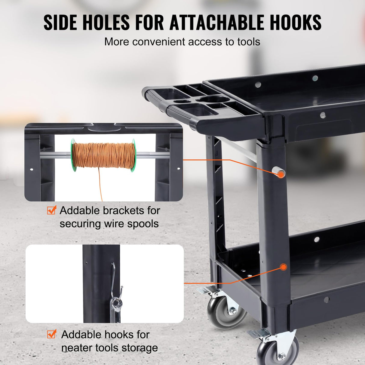 VEVOR Utility Service Cart, 2 Shelf 550LBS Heavy Duty Plastic Rolling Utility Cart with 360° Swivel Wheels, Medium Lipped Shelf, Ergonomic Storage VEVOR