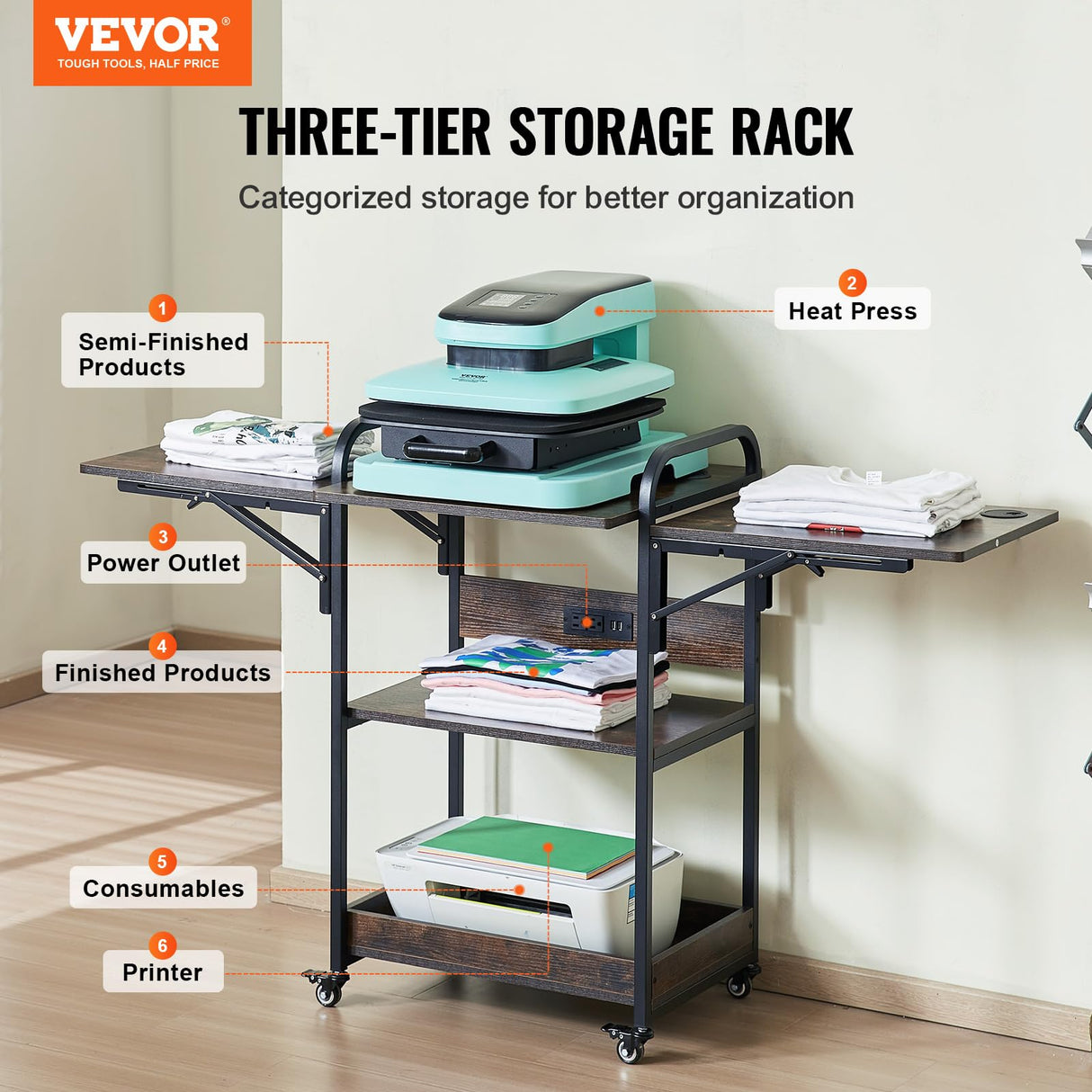 VEVOR 3 Tier Movable Heat Press Table with Charging Station, Foldable Heat Press Stand with Vinyl Roll Holder, Heavy Duty Rolling Metal Workbench for DIY Sublimation Transfer Machine and Printer VEVOR