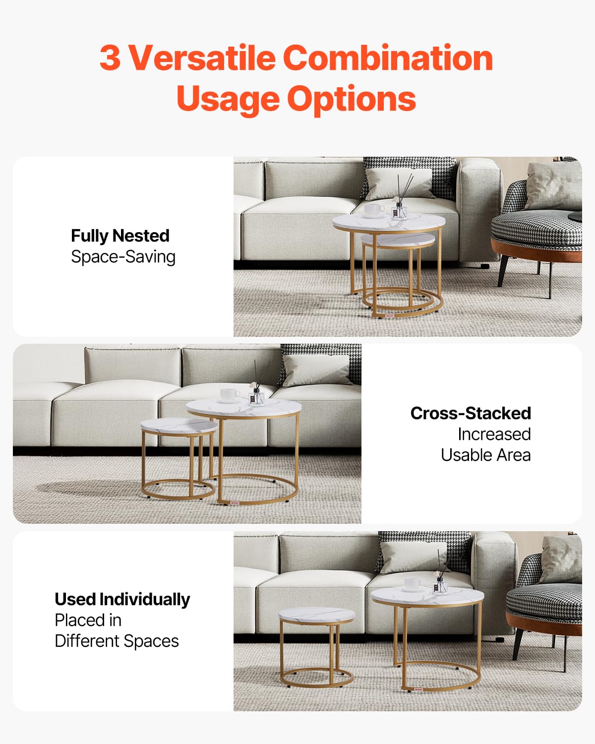 VEVOR Nesting Tables, Coffee Table Set of 2, 23.6 inch Round Coffee Table, Small Coffee Tables Night Stand with Metal Frame, for Living Room, Bedroom, Office (White & Gold) VEVOR