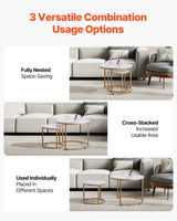 VEVOR Nesting Tables, Coffee Table Set of 2, 23.6 inch Round Coffee Table, Small Coffee Tables Night Stand with Metal Frame, for Living Room, Bedroom, Office (White & Gold) VEVOR