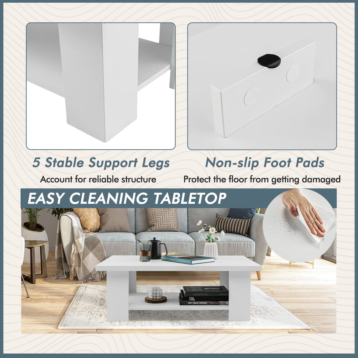 Tangkula 2-Tier Coffee Table, Modern Rectangular Center Cocktail Table with 5 Support Legs, Wooden Accent Living Room Furniture, Small Coffee Table for Small Spaces, Easy Assembly (White) Tangkula