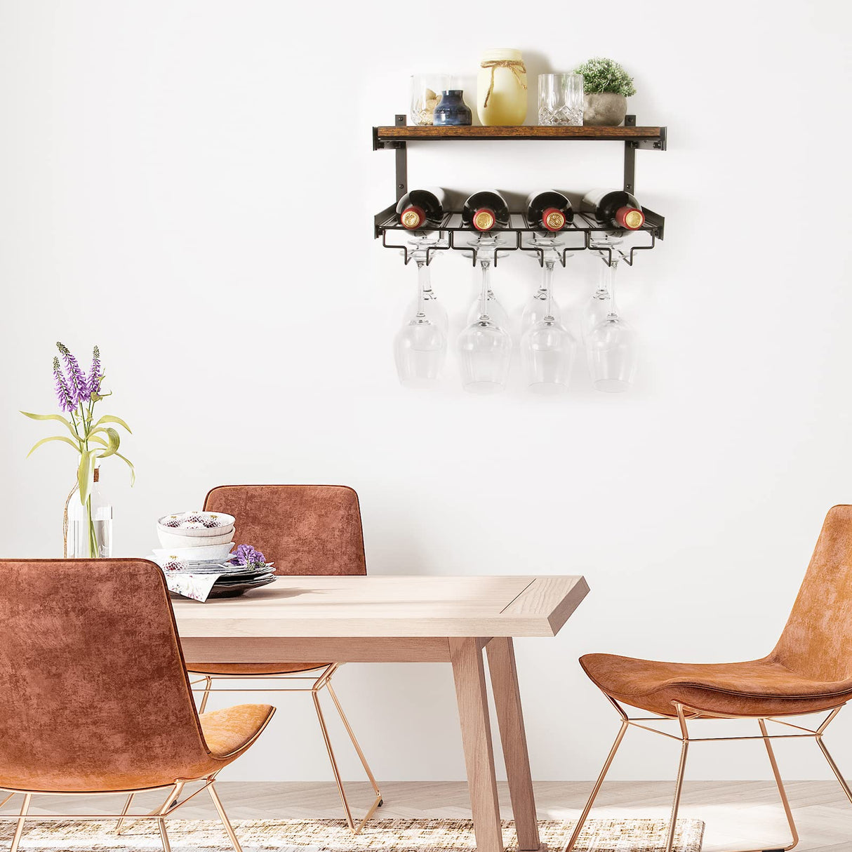 B4Life Wine Rack Wall Mounted with Stemware Rack, Wine Glass Rack Wall Mounted,Holds 8 x Glasses and 7 x Wine Bottles, Wall Wine Rack with Wine Glass Holder B4Life