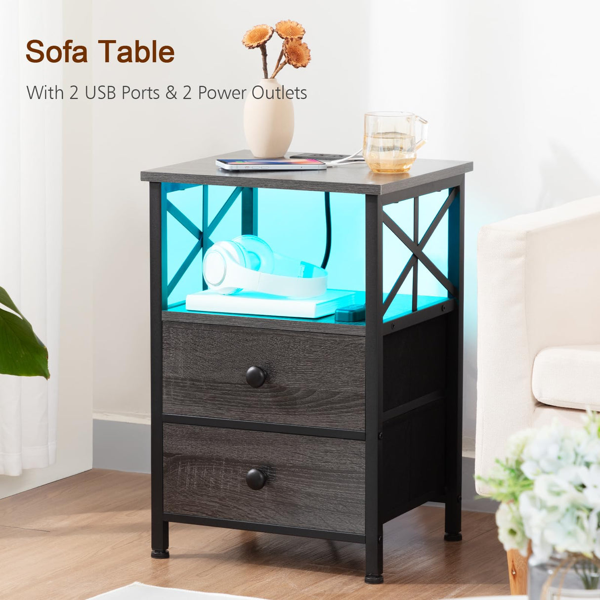 AMHANCIBLE Night Stand Set 2, LED Nightstands for Bedroom Set of 2 with Charging Station, End Table with USB Port and Outlet, Side Table with 2 Storage Drawers for Living Room, Dark Grey HET052LDG AMHANCIBLE