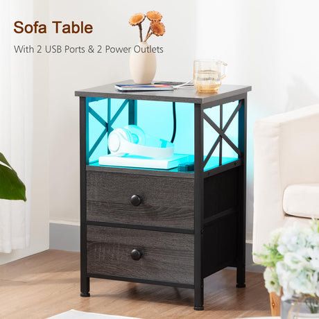 AMHANCIBLE Night Stand Set 2, LED Nightstands for Bedroom Set of 2 with Charging Station, End Table with USB Port and Outlet, Side Table with 2 Storage Drawers for Living Room, Dark Grey HET052LDG AMHANCIBLE