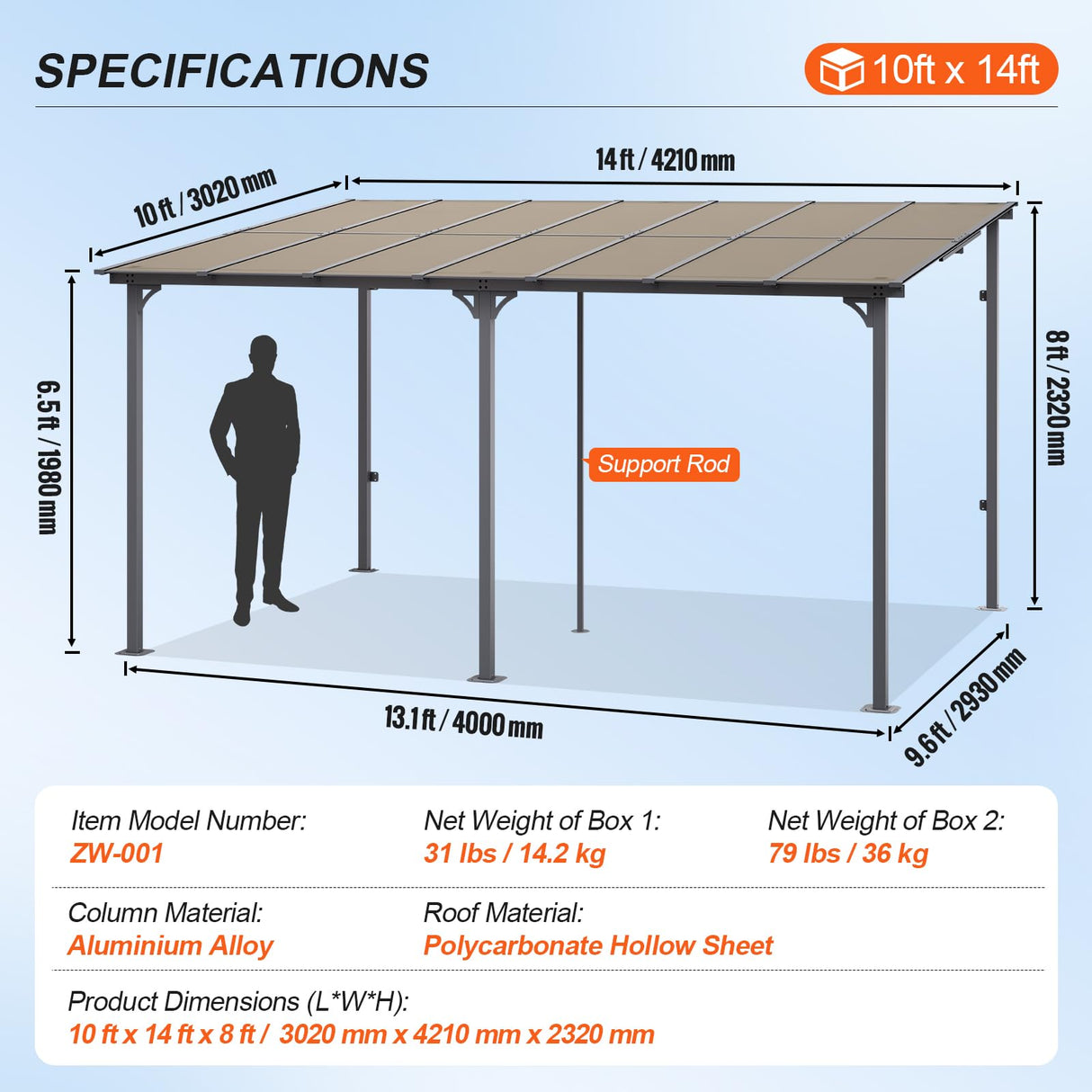 VEVOR Lean to Gazebo for Patio, 10' x 14' Hard Top Gazebo with Aluminum Frame, Wall Mounted & Freestanding Pergola, UV Resistant Polycarbonate Roof, Outdoor Patio Awnings for Deck, Garden and Backyard VEVOR