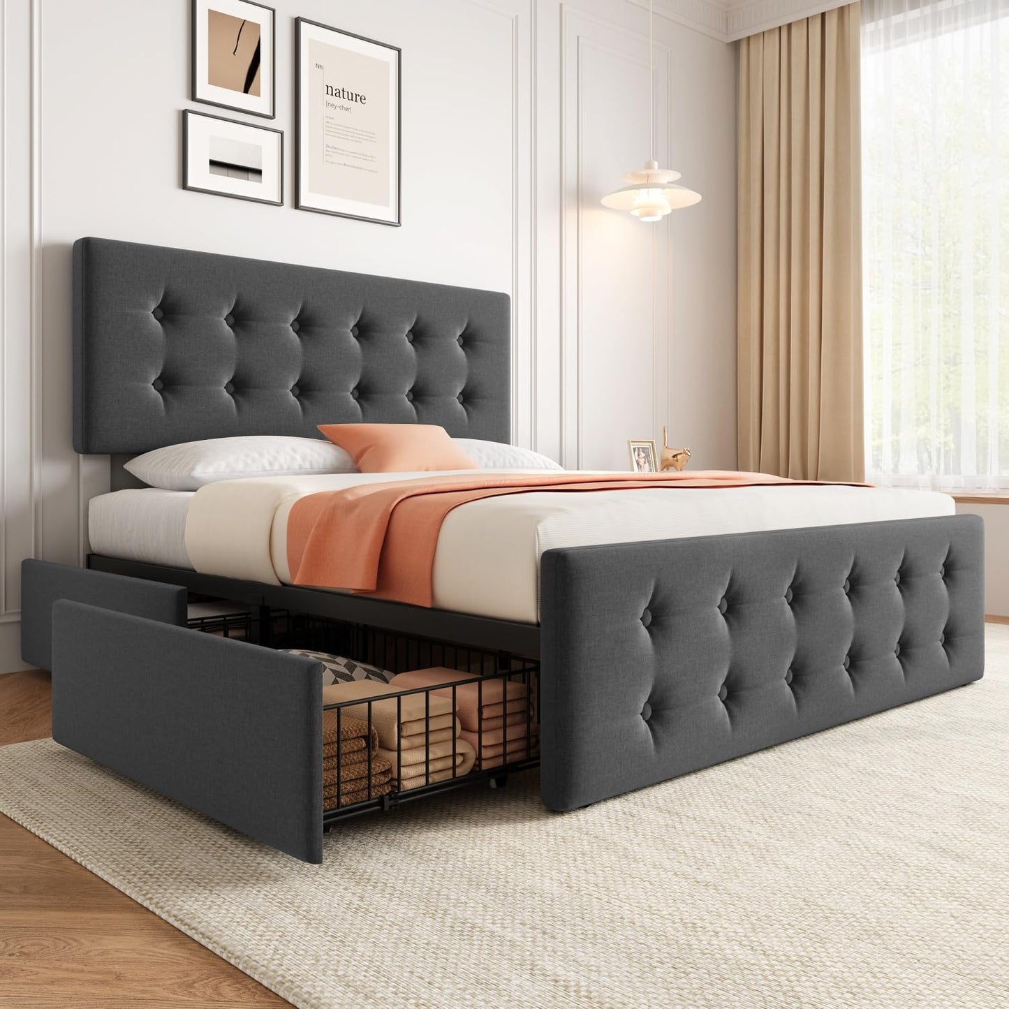 IDEALHOUSE Grey Upholstered Full Size Bed Frame with Adjustable Headboard and 4 Storage Drawers - WoodArtSupply