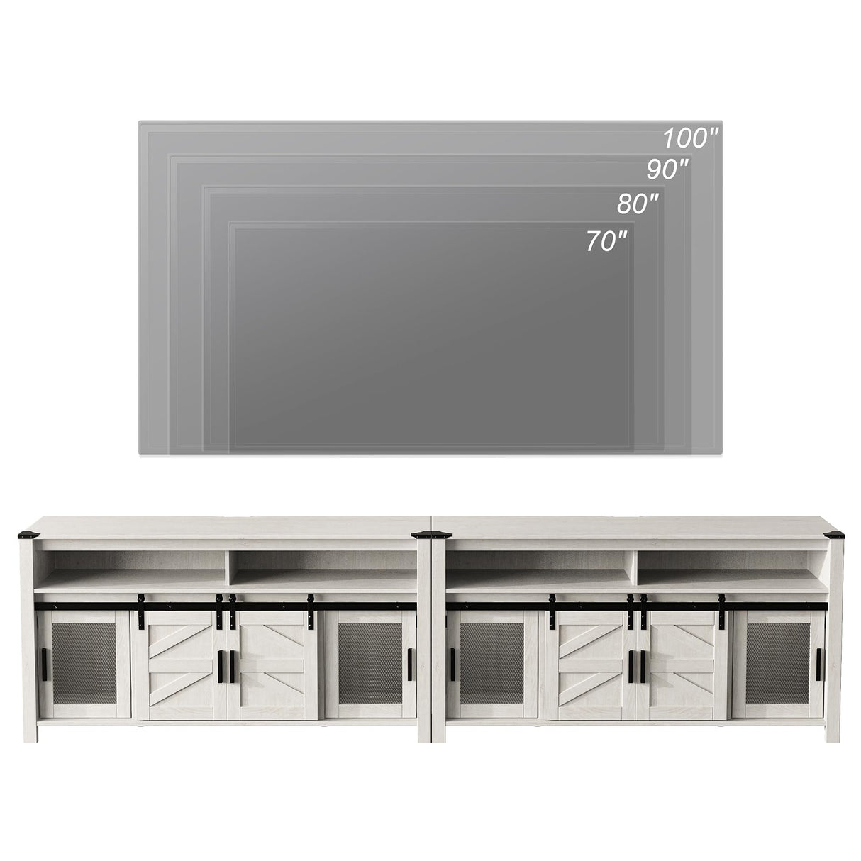 WAMPAT 2-in-1 Farmhouse TV Stands for 100+ Inch TV, Antique White 118" Wooden Entertainment Center with Mesh and Barn Doors, Set of 2 TV Console with Open Storage Space for Living Room, Bedroom WAMPAT
