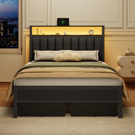 Furnulem Full Size Bed Frame with Charging Station and LED Lights, Grey Upholstered Headboard with Shelves, Metal Platform Bed with 2 Under-Bed Storage (Fabric Drawer on Wheels), No Box Spring Needed Furnulem