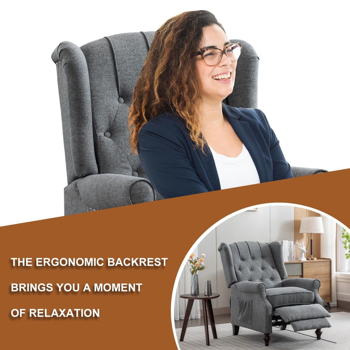 Oprisen Push Back Recliner Mid-Century Modern Accent Chair Single Reading Chair Tufted Button Arm Chair for Living Room w/Heat Massage/Side Pockets (1 PC, Gray) Oprisen