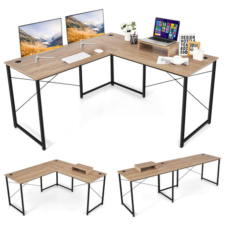 Tangkula L-Shaped Computer Desk, 95 Inch Reversible Corner Desk with Monitor Stand & 3 Cable Holes, 2-Person Long Study Writing Desk, Large Home Office Gaming Writing Workstation (Natural) Tangkula