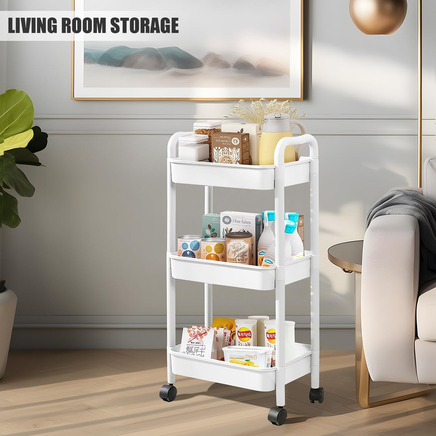 3 Tier Utility Rolling Cart with Handle, Multifunctional Storage Organizer Rolling Carts with Wheels for Bathroom Office Living Room (White)