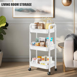 3 Tier Utility Rolling Cart with Handle, Multifunctional Storage Organizer Rolling Carts with Wheels for Bathroom Office Living Room (White) QPEY