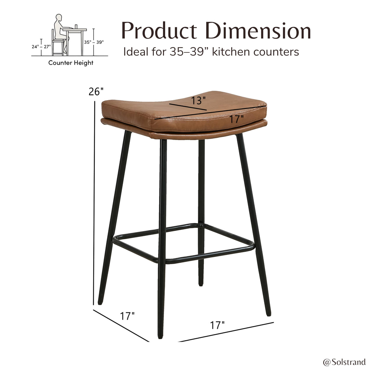 Solstrand Saddle Bar Stools Set of 3,Counter Height Bar Stools for Kitchen Counter Farmhouse Modern Faux Leather Barstools with Upholstered Backless Seat and Solid Metal Legs, 26" Bar Chairs, Brown Solstrand