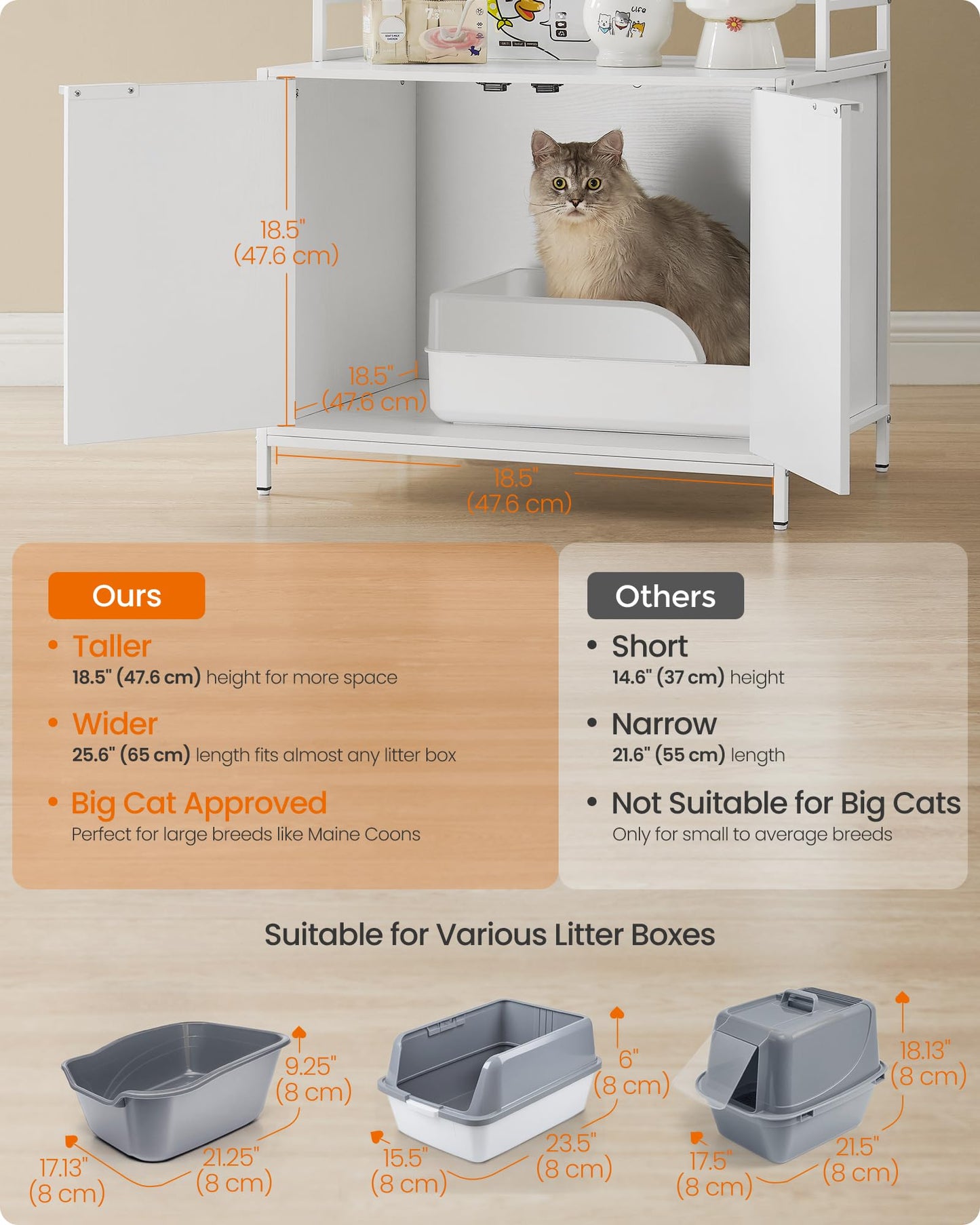 Feandrea Cat Litter Box Enclosure, Hidden Litter Box Furniture with 2 Storage Shelves, 2 Hooks, Spacious for Large Cats, Indoor Cat House, Snow White UPCL009W01