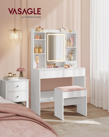 VASAGLE Vanity Desk with Power Outlets, Makeup Vanity with Mirror and Lights, Upholstered Vanity Stool, Dimmable LED Lights, 6 Compartments, 2 Drawers, for Bedroom, Cloud White URDT031W01 - WoodArtSupply