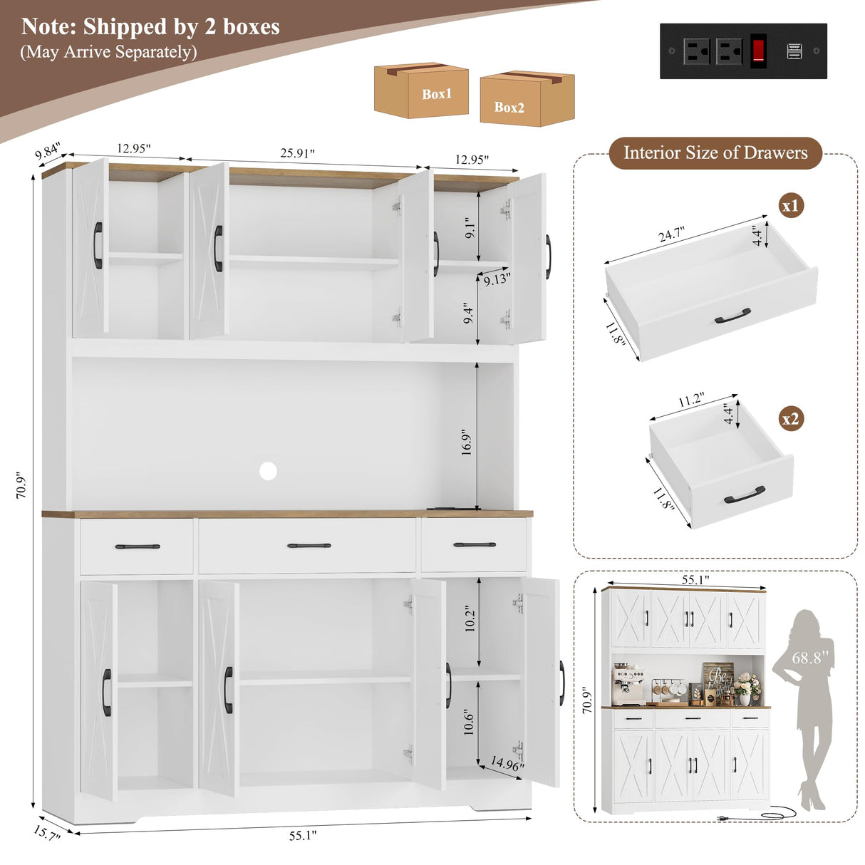 HOSTACK 71" Tall Kitchen Pantry Storage Cabinet with Charging Station, 55" Wide Kitchen Hutch Cabinet with Large Countertop, Farmhouse Food Pantry with Drawers for Living Room, White HOSTACK