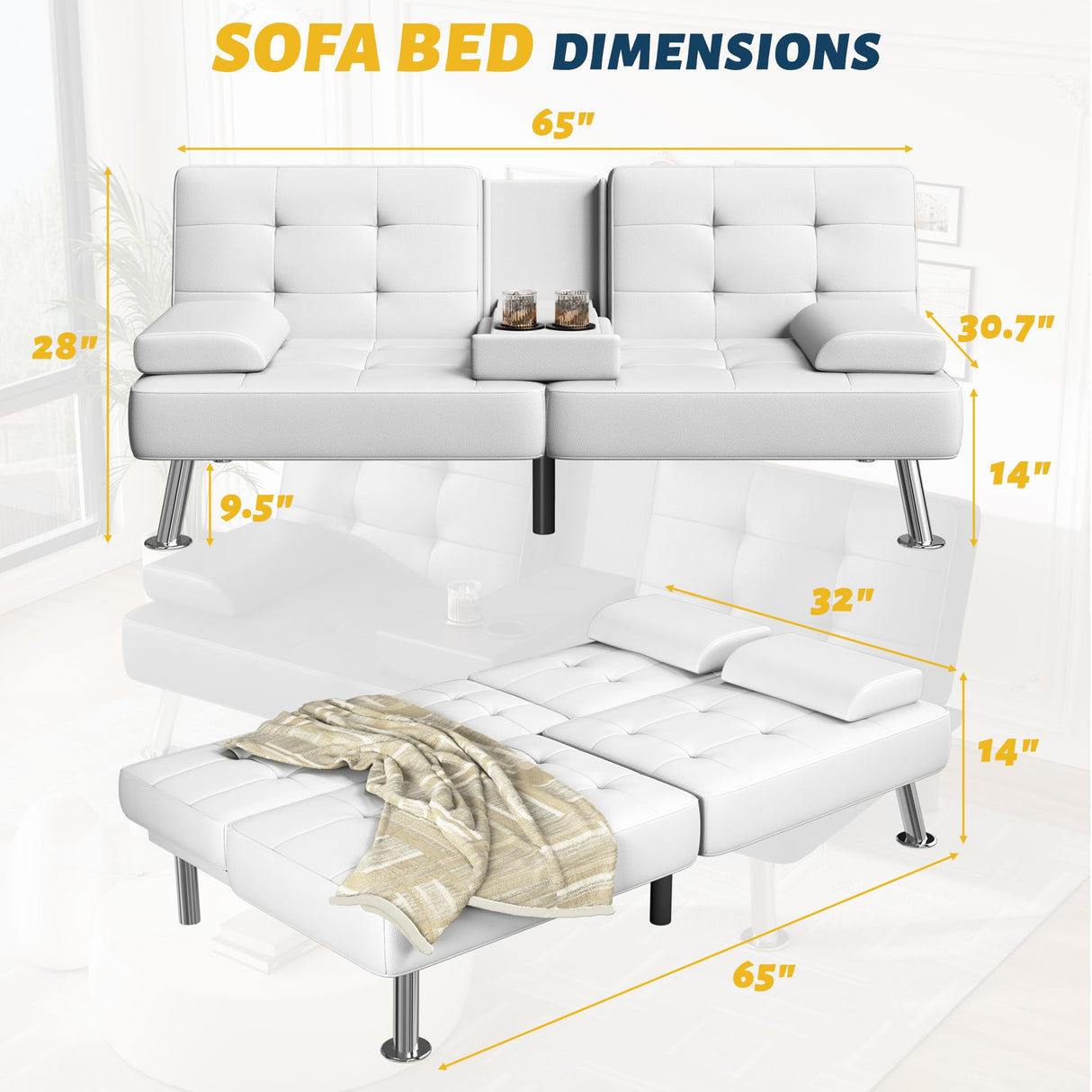 Furmax Futon Sofa Bed Adjustable Futon Couch Sleeper Sofa Bed for Living Room, Business Office, Recliner Sofa with Cup Holders (PU Leather, White) Furmax