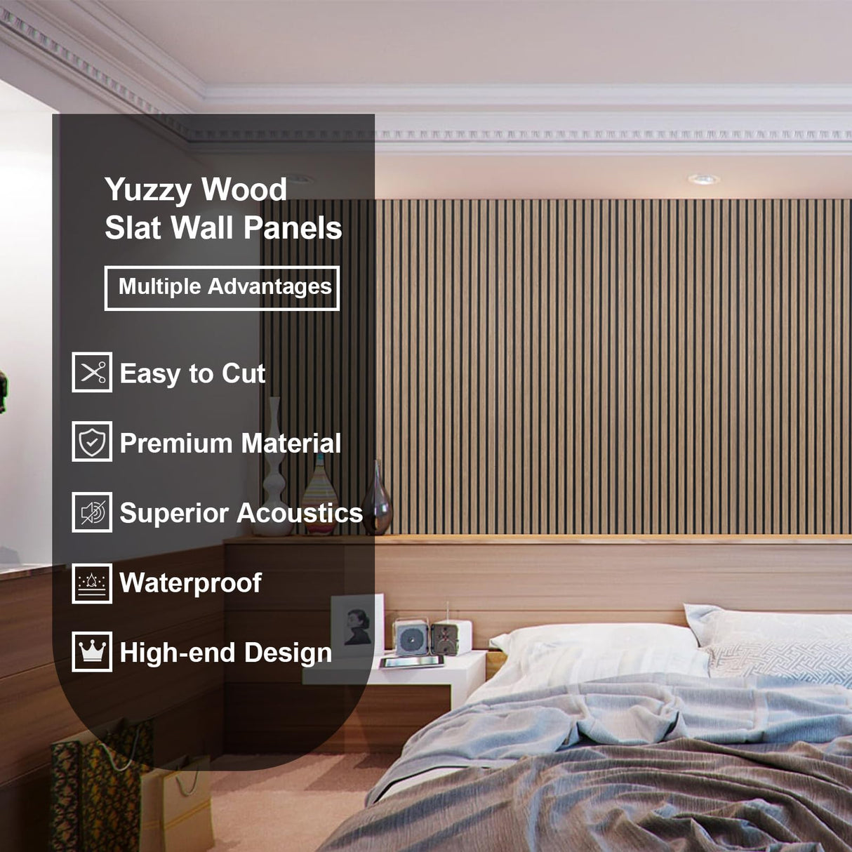 Yuzzy Wood Panels for Wall - 9 Feet Dark Walnut Wood Slat Acoustic Panels 4 PCS - Modern Sound Absorbing Wall Panels for Interior Wall Decor for Home, Office, Studio Yuzzy