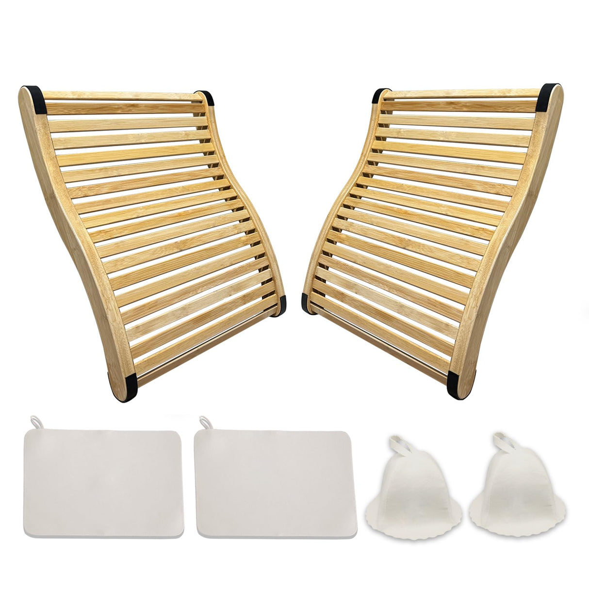 NUIBY Natural Bamboo Sauna Backrest, Cooler and More Flexible Than Wood, Complete with 2 Sauna Hats and 2 Seat Pads, Features Anti-Slip Rubber Pad. Sauna Accessory Set. (2 Pack) NUIBY