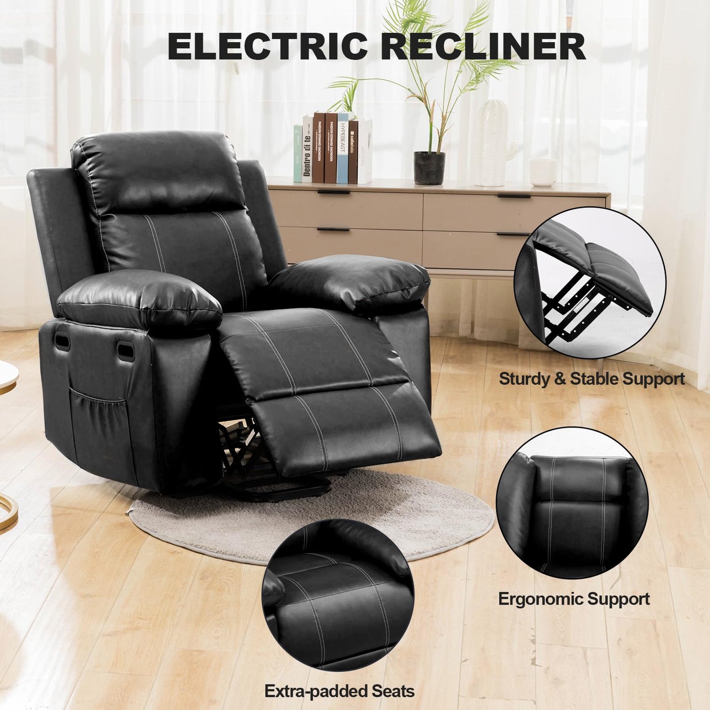 COMHOMA Lift Recliner Chairs for Elderly, Power Lift Chair with Heat and Massage, Leather Sofa Living Room Chair, Infinite Position, 2 Side Pockets (Black)