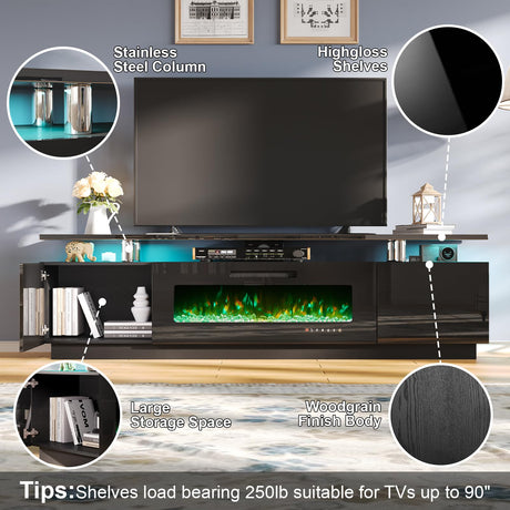 AMERLIFE Entertainment Center with Fireplace and Bookcases, Includes 80" 2-Tier Fireplace TV Stand with 40" Fireplace, 2 x High Gloss Bookshelves with LED Lights & Glass Doors, Obsidian Black AMERLIFE