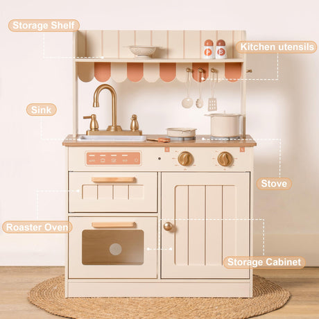 ROBOTIME Play Kitchen for Kids Toddlers, Wooden Pretend Play Kitchen Set Toy with Cutting Food Set, Toys Kitchen Gift for 3+ Year Old Kids, Girls & Boys ROBOTIME
