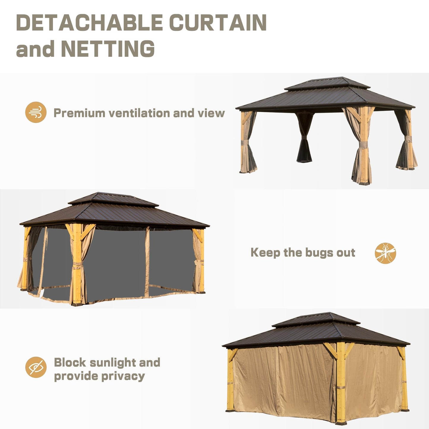 Domi 10'x14' Cedar Wood Gazebo with Double Roof Steel Hardtop,Solid Wood Frame Gazebo,Curtains and Netting Included for Garden, Backyard - WoodArtSupply